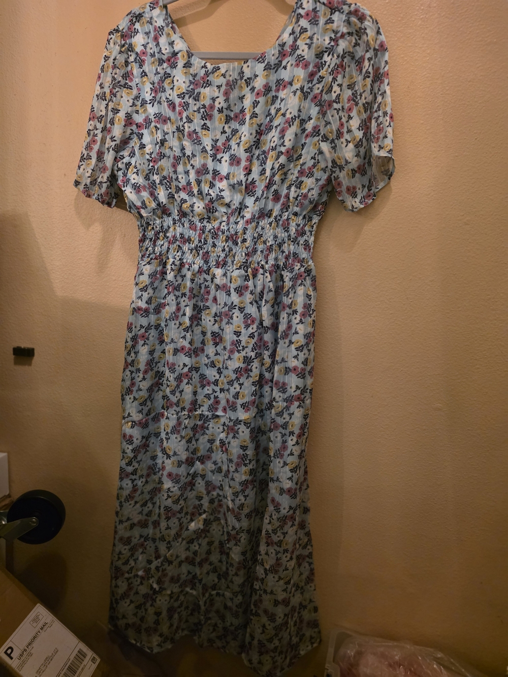 Blue Floral Smocked-Waist Maxi Dress